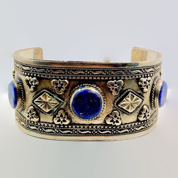 Vintage Lapis Bracelet Afghan: Middle Eastern Kuchi Embossed Silver Cuff Boho - Picture 2 of 5